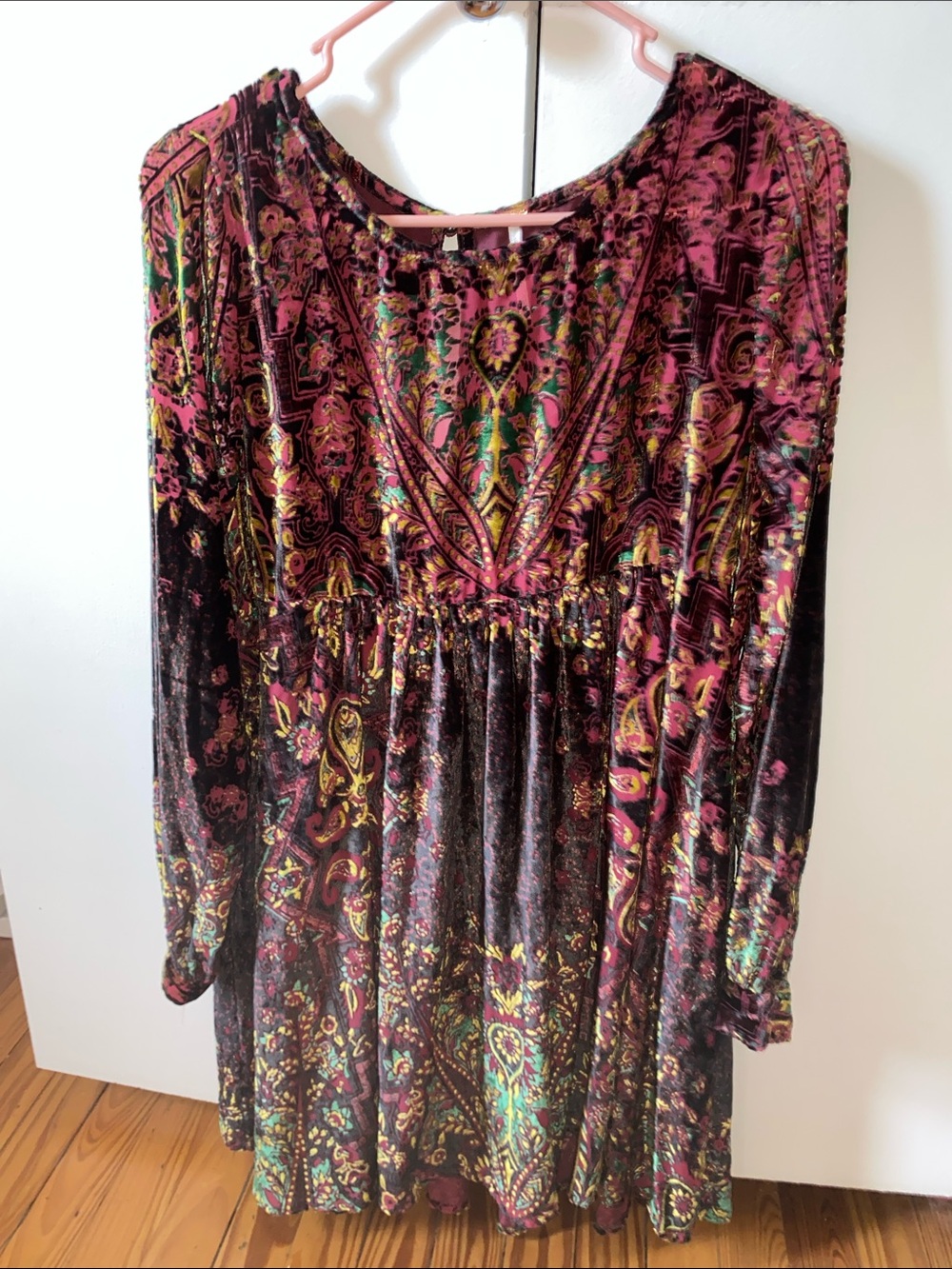 Free People Velvet Paisley Long-Sleeve Dress - Pink, Black & Gold